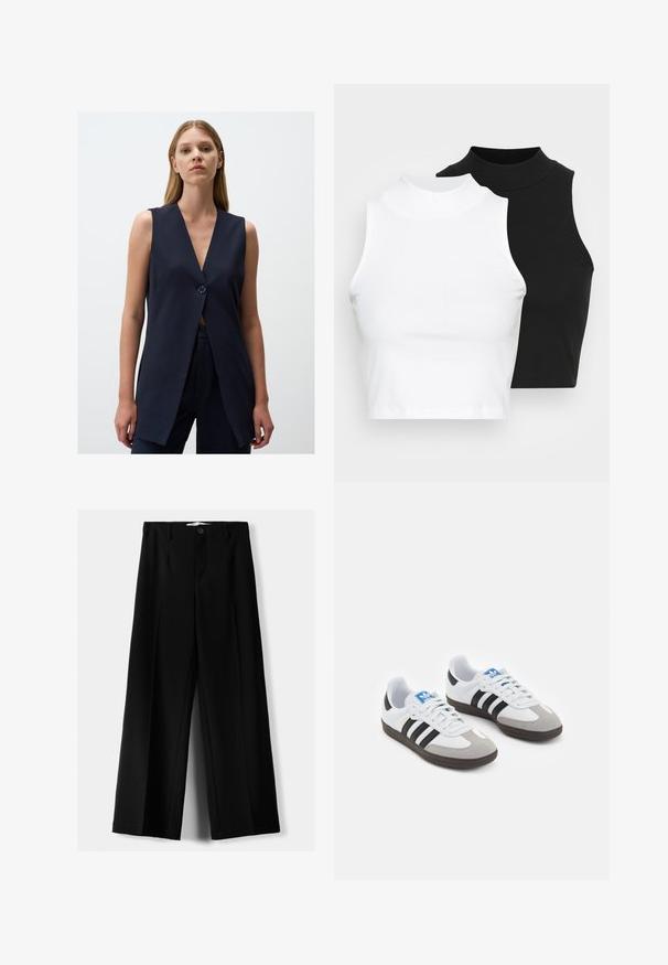 Marinefarbener ärmelloser Weste mit tiefem V-Ausschnitt, einer einzigen Knopfleiste, taillierter Form und glattem Stoff. Einfaches und modernes Design.; Zwei ärmellose, gerippte Rollkragenoberteile in Schwarz und Weiß, mit einer figurbetonten Passform und glatter Textur sowie einer cropped Länge.; Schwarze weite Hosen aus leichtem Stoff, mit einem Knopfverschluss vorne und flachem Bund, mit sorgfältig genähten Säumen.; Sportschuhe mit einem Obermaterial aus weißem Leder, grauer Wildleder-Zehenkappe und drei schwarzen Streifen. Sie verfügen über ein blaues Logo auf der Zunge und eine strukturierte Gummisohle.