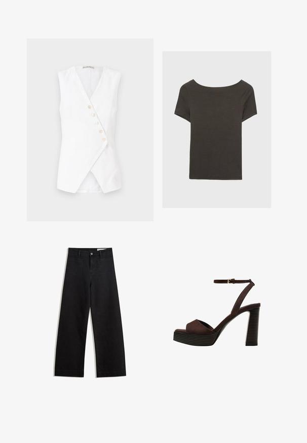 Top bianco senza maniche con design avvolgente, caratterizzato da un profondo scollo a V e cinque bottoni frontali. Realizzato in un tessuto leggero con una consistenza liscia.; Top corto grigio scuro con scollatura a barca. Realizzato in tessuto a costine, presenta una vestibilità rilassata e un orlo pulito. Design semplice, senza motivi.; Pantaloni in denim neri a gamba larga con vita alta, dotati di tasche anteriori e posteriori, cuciture a punto, e chiusura con bottone. Texture liscia.; Sandal in camoscio marrone con tacco alto, punta aperta, cinturino alla caviglia regolabile e suola a piattaforma striata.