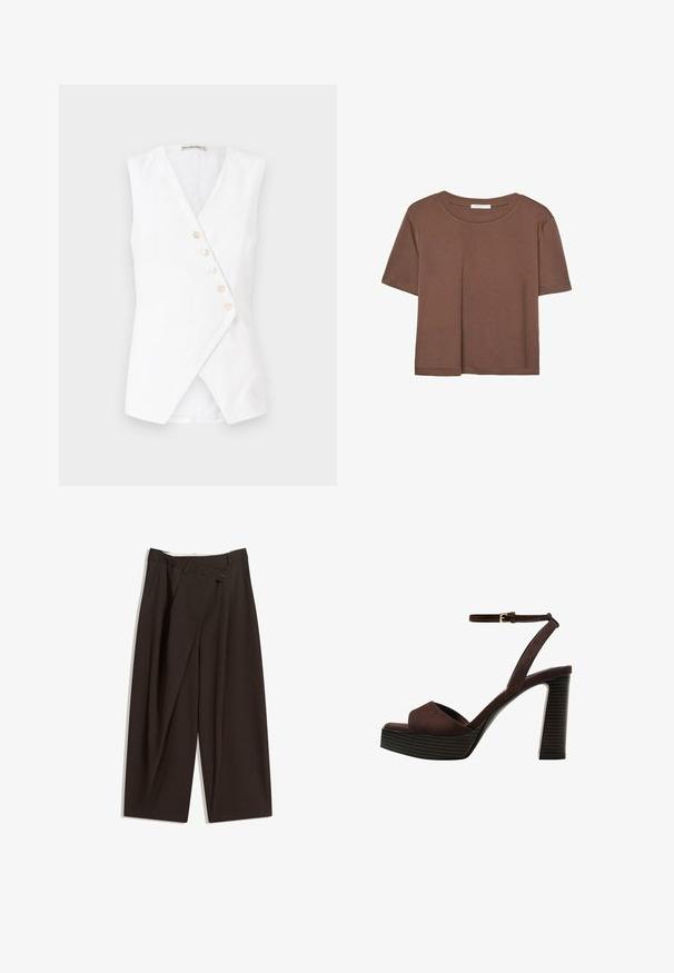 Top bianco senza maniche con design avvolgente, caratterizzato da un profondo scollo a V e cinque bottoni frontali. Realizzato in un tessuto leggero con una consistenza liscia.; Maglietta a maniche corte marrone realizzata in tessuto morbido, con scollatura rotonda e vestibilità rilassata. Nessun motivo o dettaglio visibile.; Pantaloni a gamba larga marrone scuro con vita alta, dotati di una chiusura con bottone singolo e una parte anteriore plissettata. Realizzati in tessuto leggero.; Sandal in camoscio marrone con tacco alto, punta aperta, cinturino alla caviglia regolabile e suola a piattaforma striata.