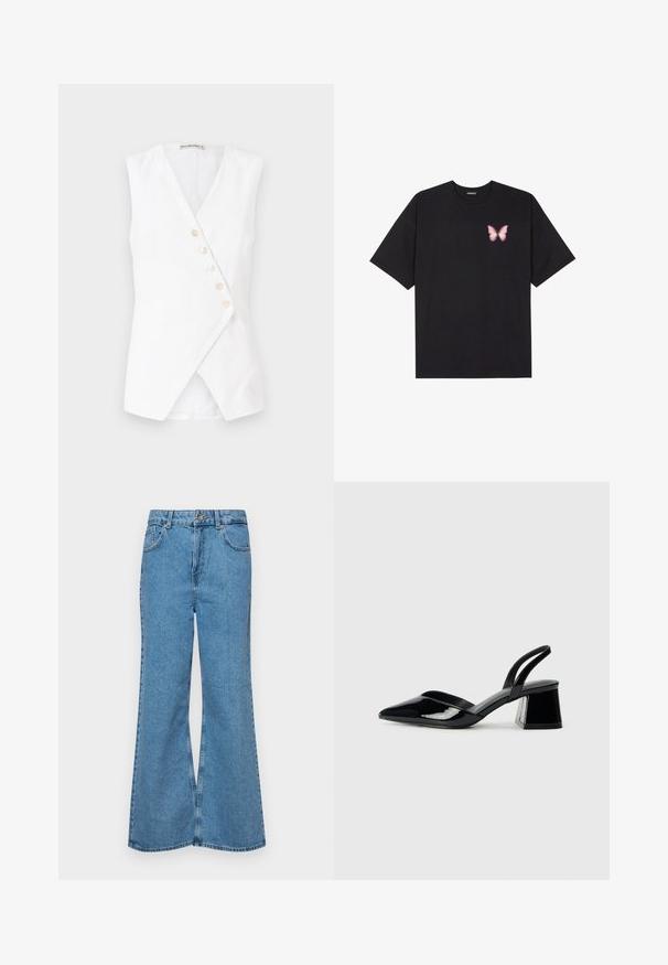 Hvit ermeløs topp med innpakningsdesign, med en dyp V-hals og fem frontknapper. Laget av et lett stoff med en glatt tekstur.; Svart bomulls T-skjorte med korte ermer, med en liten rosa sommerfugl grafikk på venstre bryst. Crew-neck design med en avslappet passform.; Lyseblå vide jeans laget av denim, med høyt liv, fem lommer og en enkelt knappelukking. Myk tekstur med falmet finish.; Svarte patentlær slingback hæler med spiss tå og geometrisk blokk hæl. Har et stilrent, minimalistisk design og jevn tekstur.