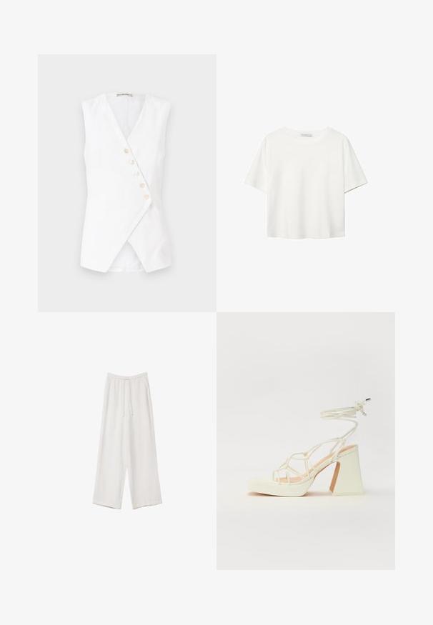 Vit ärmlös topp med en wrap-design, som har en djup V-ringning och fem knappar fram. Tillverkad av ett lätt material med en slät textur.; Vit t-shirt med kort ärm i bomull. Har en rundad halsringning och en avslappnad passform. Slät textur utan synliga mönster eller detaljer.; Vita vida byxor i vid passform gjorda av ett lättviktsmaterial. Har en elastisk midja med dragsko och sidofickor. Slät textur.; Vit högklackad sandal med en kraftig klack, med ett remdesign och ankelband. Slät textur med en plattform framtill för ökad höjd.