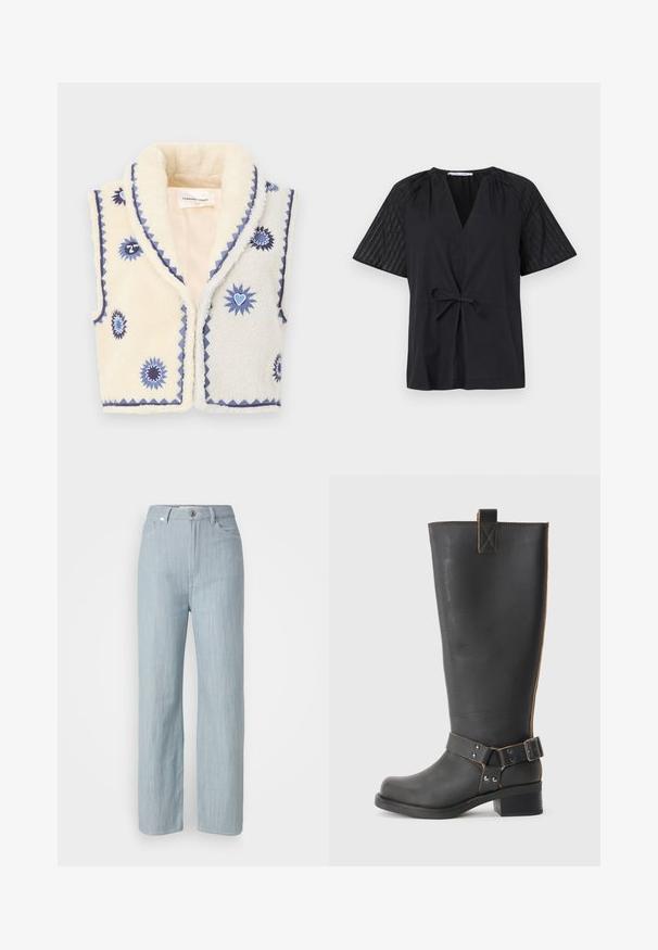 Krémová umělá kožešina s modrou květinovou výšivkou, klopovým límcem a kontrastním lemem. Měkká textura, otevřený design vpředu a strukturovaný vzor.; Černý top s výstřihem do V, krátkými rukávy a zavazovacími detaily v pase. Má strukturovanou, vzorovanou látku na rukávech a hladký materiál na těle.; Světlé modré džíny rovného střihu z denimu. Obsahují pět kapes, kovové zapínání a jemné stárnutí pro texturu.; Černé kožené vysoké boty po kolena s texturovaným povrchem, které mají boční kovovou sponu a nízký podpatek. Podrobné šití podél švů.