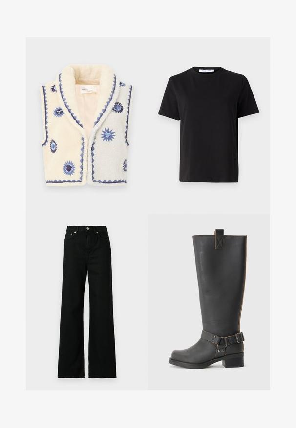 Cremefarbene Kunstfell-Weste mit blauer floralem Stickerei, eingekerbtem Kragen und kontrastierenden Besätzen. Weiche Textur, offenes Design und ein strukturiertes Muster.; Schwarzes T-Shirt mit kurzen Ärmeln aus weicher Baumwolle, mit rundem Ausschnitt, lockerer Passform und glatter Textur. Keine sichtbaren Muster oder Grafiken.; Schwarze Jeans aus Denim mit hoher Taille und weitem Bein, ausgestattet mit einem Vorderknopf und einem Reißverschluss, sowie einem klassischen Fünf-Taschen-Design.; Schwarze Leder-Stiefel bis zum Knie mit strukturiertem Finish, seitlichem Schnallenakzent und niedrigem Absatz. Detaillierte Steppnähte entlang der Nähte.