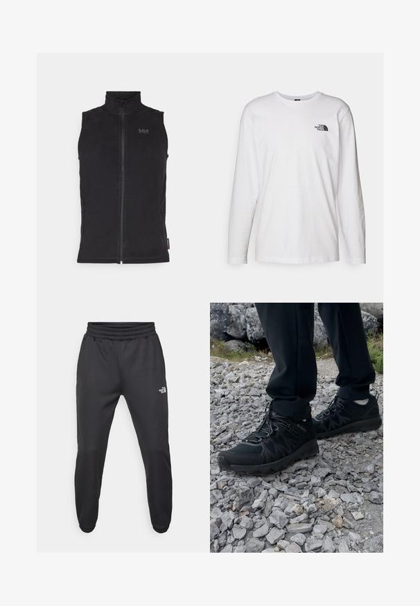 Černá bezramenní vesta vyrobená z měkké látky, s vysokým límcem, předním zipem a dvěma bočními kapsami na zip. Zobrazeno na bílém pozadí.; Bílý dlouhý rukáv tričko vyrobené z bavlny s kulatým výstřihem. Na hrudi se nachází malé černé logo. Hladká textura, běžný střih.; Černé tepláky s nastavitelným pasem, zúženým střihem, elastickými manžetami a malým bílým logem na levém stehně, vyrobené z hladké tkaniny.; Černé venkovní boty z prodyšného a syntetického materiálu, s texturovaným svrškem, bezpečným šněrovacím systémem a robustní podrážkou, na skalnatém terénu.