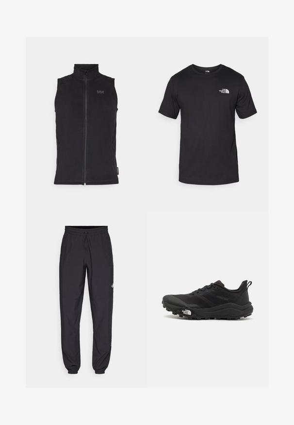 Must mustata seljata vest, mis on valmistatud pehmest kangast, millel on kõrge krae, esi tõmblukk ja kaks külgmist tõmblukuga taskut. Esitatud valge tausta ees.; Must have lühikeste varrukatega must T-särk, mis on valmistatud puuvillast, ümmarguse kaelusega ja väikese valge logoga vasakus ülanurgas.; Mustavad sportlikud püksid, mis on valmistatud kergest kangast, joonlauaga taljest, küljetaskudega ja kitsenevate varrukatega pahkluude juures.; Must tume jooksujalats musta värvi, tekstuurse ülemise osaga, kummist tallaga ja tugevdatud varbaga. Omab pehmendusega krae ja tõmblinti mugavaks selga panemiseks.