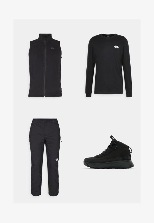 Črna brezrokavnik iz mehkega blaga, z visokim ovratnikom, sprednjim zadrgo in dvema stranskima žepoma z zadrgo. Prikazan na beli podlagi.; Črna majica z dolgimi rokavi iz bombaža, ki ima beli logotip na levem prsnem delu in rebraste manšete. Gladka tekstura z okroglim izrezom.; The North Face WINTER EXPLORATION TAPERED CARGO - Hlače za na prostem - black; Črne srednje visoke pohodniške čevlje z teksturiranim zgornjim delom iz tkanine, ojačanim nosom, varnim sistemom vezanja in oblazinjenim podplatom za oprijem.