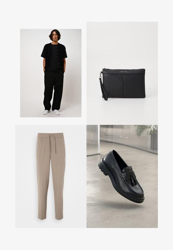 Svart kortärmad cardigan med bruna knappar över en svart t-shirt, i kombination med lösa svarta byxor och vita sneakers. Slät tygtextur.; Svart ärmlös linne i ribbad tyg, med rund halsringning och rak nederkant. Slät textur med minimal detaljering.; Ljust beige byxor med elastisk midjeband, justerbar dragsnöre och smalnande ben. Tyget verkar slätt med en lätt glans.; Svarta loafers i läder med slät yta, dekorativ tofs, tjock sula i gummi och sydda detaljer. Lätt och elegant design.; Svart syntetisk clutch med dragkedja, handledsrem och en slät textur. Har subtil sömnad och en prägling av logotypen på framsidan.