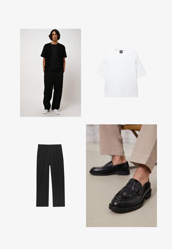 Cardigan nero a maniche corte con bottoni marroni sopra una t-shirt nera, abbinato a pantaloni neri larghi e sneakers bianche. Texture del tessuto liscia.; T-shirt bianco a maniche corte in cotone, con scollatura rotonda e vestibilità rilassata con orlo dritto. Nessun motivo o decorazione.; Pantaloni neri con un design a gamba dritta, realizzati in un tessuto liscio. Presentano pieghe frontali e una chiusura a un bottone in vita.; Mocassini in pelle nera con finitura liscia, dotati di una cintura decorativa e cuciture a contrasto, abbinati a pantaloni beige.