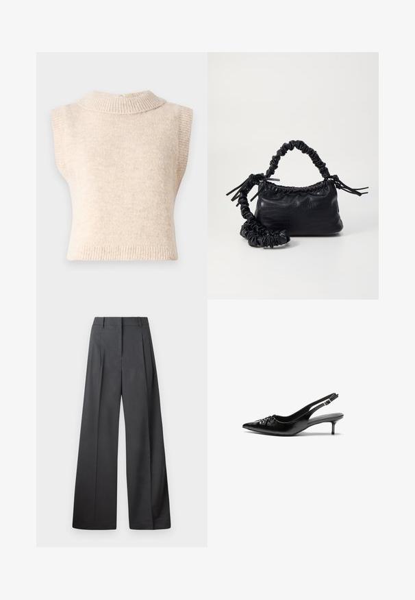 Pulover kaki, fără mâneci, din tricot cu o guler înalt cu nervuri și o textură moale. Dispune de o închidere la spate și o formă ajustată.; Cămașă albă cu mânecă lungă, cu nasturi, confecționată dintr-un amestec de bumbac fin. Include o guler clasic, închidere frontală cu nasturi și manșete rotunjite.; Pantaloni culți din țesătură gri închis, cu talie înaltă, pliuri simple și o textură netedă, cu o finisare curată la tivuri.; Cizme slingback din piele neagră, cu vârf ascuțit, toc mic de tip kitten heel și un detaliu decorativ sub formă de nod în față. Textură netedă pe întreaga suprafață.; Geantă din faux leather neagră cu textură de crocodil, cu partea superioară strânsă și o curea mototolită. Pare moale și compactă ca design.