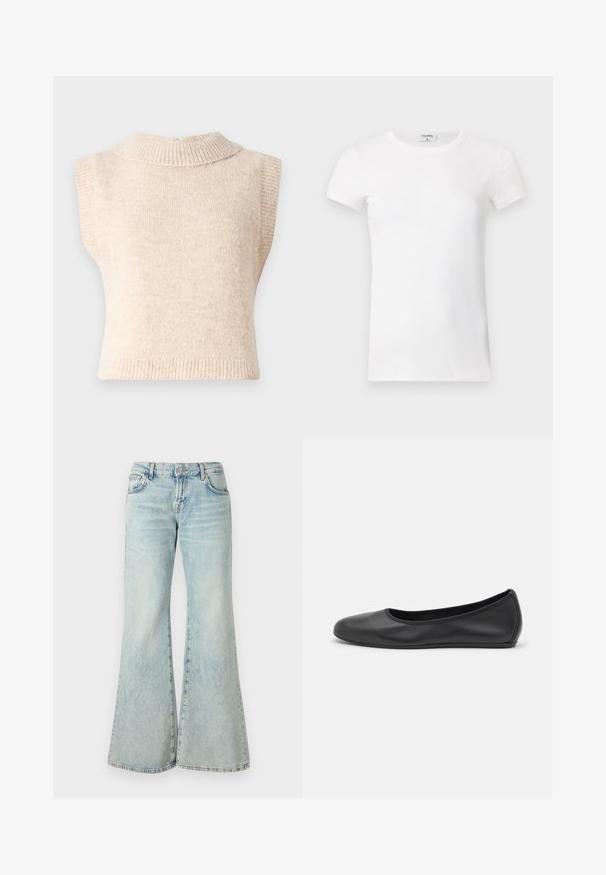 Beige, sleeveless knitted sweater with a high ribbed collar and a soft texture. Features a back closure and a fitted shape.; White ribbed short-sleeve T-shirt with a crew neck. The fabric appears smooth with a fitted silhouette. Branding label visible at the collar.; Light blue flared jeans made from denim, featuring a high waist, pockets, and frayed hems. The fabric displays a faded wash and subtle texture.; Black leather ballet flat with a rounded toe, smooth texture, minimal stitching detail, and a flexible sole design.