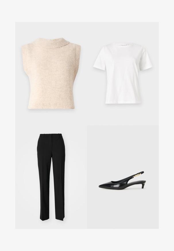 Beige, ermeløs strikket genser med høy ribbestrikket krage og myk tekstur. Har lukking bak og en figursydd passform.; Hvit bomull t-skjorte med korte ermer, rund hals og avslappet passform. Glatt tekstur, ingen mønstre eller detaljer, minimalistisk design.; Sorte skreddersydde bukser med rett silhuett, med en glatt tekstur og klare pressede bretter foran. Ingen synlig maskinvare.; Sorte lærreim hæler med spiss tå, som har en slank hæl og en gullfarget detalj på den justerbare stroppen. Glatt tekstur.