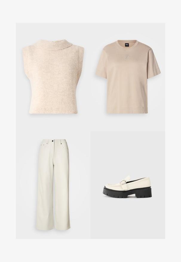 Béžový, bezrukávový pletený svetr s vysokým žebrovaným lemem a jemnou strukturou. Obsahuje zadní zapínání a přiléhavý střih.; Beige bavlněné tričko s krátkým rukávem, kulatým výstřihem a malým vyšitým překrývajícím se logem "B" uprostřed na přední straně.; Krémpové kalhoty s širokými nohavicemi vyrobené z hladkého materiálu. Mají střední pas, zipový klíč a dvě přední kapsy s černými kovovými doplňky.; Bílé kožené mokasíny s robustní černou platformou, vybavené obdélníkovou stříbrnou sponou a viditelným švem na svršku.