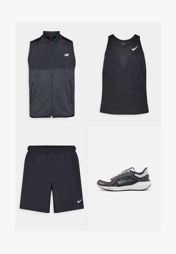 Colete sem mangas, preto e cinza escuro, com fecho de correr e gola alta, duas bolsos com fecho de correr e logótipo da New Balance em branco no lado esquerdo do peito.; Camisola de desporto preta sem mangas com uma textura perfurada e decote redondo. Apresenta um logótipo branco da Nike no peito.; Calças de desporto pretas feitas de material leve com uma cintura elástica. Apresenta um pequeno logótipo branco da Nike no canto inferior esquerdo.; Sapatilha atlética preta e cinza com parte superior em malha, detalhes reflexivos e uma entressola branca. Apresenta uma sola de borracha texturizada e atacadores.