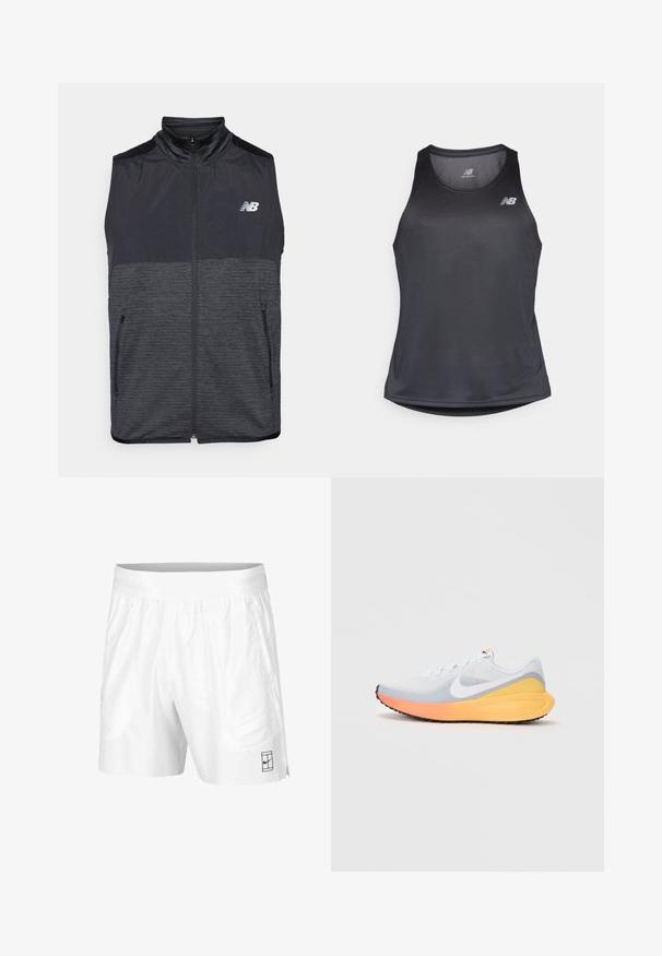 Black and dark gray sleeveless zip-up vest with stand collar, two zippered pockets, and white New Balance logo on left chest.; Black athletic tank top made of moisture-wicking fabric, featuring a round neckline and subtle ribbed texture, with a white logo on the chest.; White athletic shorts made of lightweight fabric with an elastic waistband, featuring two side pockets and a small black logo on the hem.; Light blue running shoe with a breathable mesh upper. Features a white swoosh, orange and yellow midsole, and black outsole for traction.