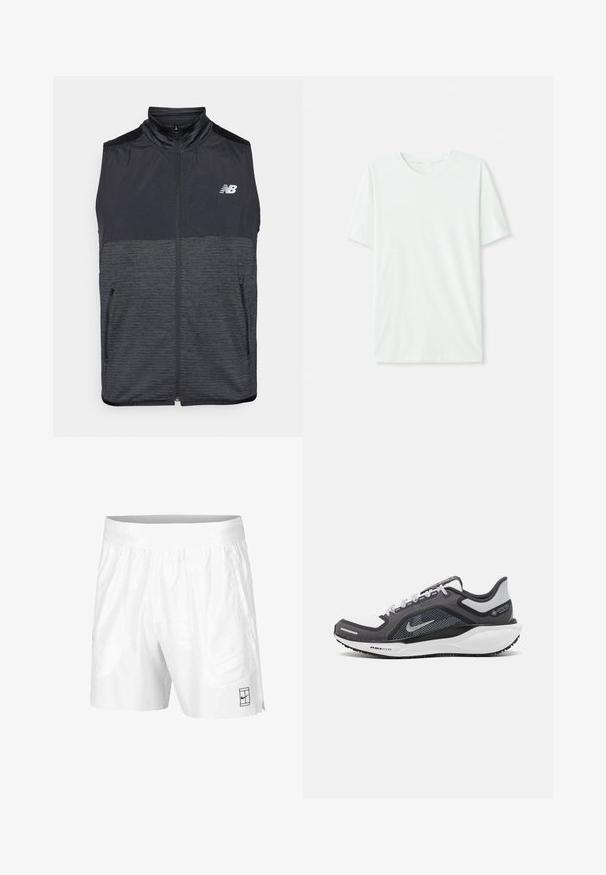 Juodas ir tamsiai pilkas be rankovių, su užtrauktuku užsegamas liemenė su stovinčiu apykakle, dviem užtrauktukais užsegamais kišenėmis ir baltu "New Balance" logotipu kairiajame krūtinės kampe.; Šviesiai mėtos žalios spalvos trumpų rankovių marškinėliai, pagaminti iš minkštos medžiagos. Turi apvalią iškirptę ir paprastą tiesų siluetą be dekoro.; Balti sportiniai šortai, pagaminti iš lengvos medžiagos, su elastinga juosta, su dviem šoninėmis kišenėmis ir mažu juodu logotipu ant apatinio krašto.; Juodas ir pilkas sportinis batelis su tinkleliu viršuje, atspindinčiais akcentais ir balta vidurinė dalimi. Yra tekstūruota guminė išorinė pada ir raišteliai.