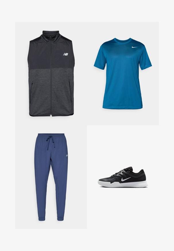 Černá a tmavě šedá bezrukávová vesta na zip s vysokým límcem, dvěma kapsami na zip a bílým logem New Balance na levé hrudi.; Krátký rukáv sportovní tričko v modré barvě, vyrobené z hladké, vlhkost odvádějící tkaniny. Má kulatý výstřih a malé logo na hrudi.; Námořnické modré sportovní kalhoty s elastickým pasem, šňůrkou na stažení a zúženými manžetami. Obsahují boční kapsy a malé logo na jedné nohavici.; Černá atletická bota s texturovaným svrškem, bílým logem Nike a bílou gumovou podrážkou. Disponuje šněrovacím designem a dynamickým tvarem.