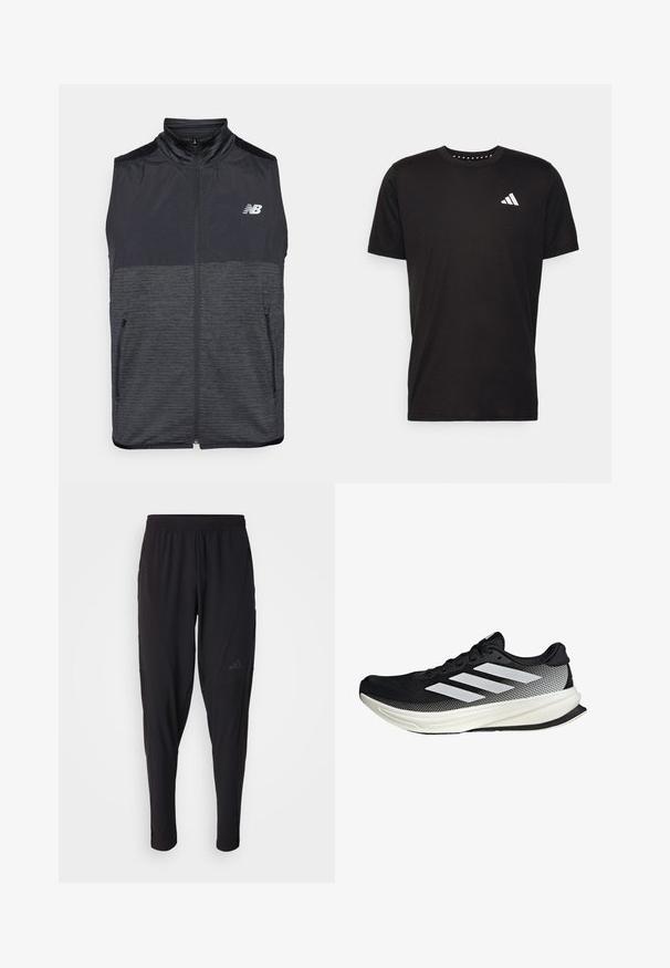 Schwarze und dunkelgraue ärmellose Zip-Weste mit Stehkragen, zwei Reißverschlusstaschen und weißem New Balance-Logo auf der linken Brust.; Schwarzes Baumwoll-T-Shirt mit kurzen Ärmeln, Rundhalsausschnitt und einem weißen Logo auf der linken Brust. Glatte Textur und einfaches Design.; Schwarze Sporthosen mit elastischem Bund, tailliertem Design, Seitentaschen und dezenten Logo-Details. Hergestellt aus flexiblem, atmungsaktivem Material.; Schwarzer Sportschuh mit einem Mesh-Design, ausgestattet mit weißen Streifen, einer runden Zehenpartie und einer strukturierten Sohle für Grip und Unterstützung.