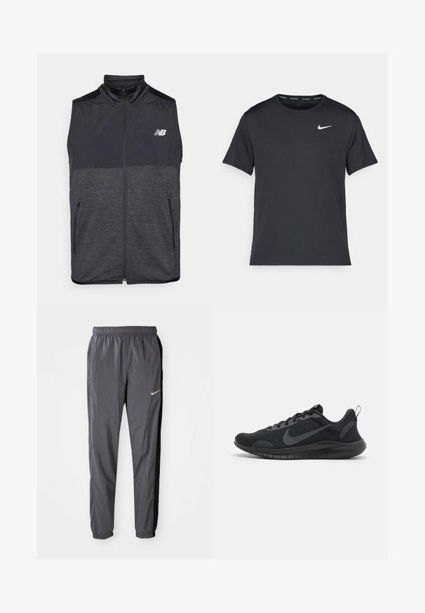 Čierna a tmavošedá bezrukávová vesta na zips so stojačikom, dvoma vreckami na zips a bielym logom New Balance na ľavej hrudi.; Čierne bežecké tričko Nike vyrobené z ľahkého a priedušného materiálu, s krátkymi rukávmi a malým bielym logom na hrudi.; Nike teplákové nohavice, vyrobené z ľahkého materiálu, v tmavosivej farbe s čiernymi bočnými panelmi. Majú elastický pás a reflexné logo.; Čierne športové topánky s textúrovaným zvrškom, šnurovaním a hladkou podrážkou. Majú výrazné logo na strane a poutací pások na päte.