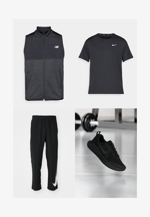 Črna in temno siva brezrokavnica na zadrgo s postavljenim ovratnikom, dvema žepoma na zadrgo in belim logotipom New Balance na levem prsnem delu.; Črna tekaška majica Nike, izdelana iz lahkega in zračnega materiala, z kratkimi rokavi in majhnim belim logotipom na prsih.; Črne športne hlače z elastičnim pasom, zoženim dizajnom, s velikim belim logotipom Nike na levem hlačnici. Mehka, lahka tkanina.; Črna športna obutev z teksturirano mrežasto zgornjo stranjo, gumijastim podplatom in izrazitim temnim logotipom Swoosh. Ima oblazinjen ovratnik in vezalni sistem na vezalke.
