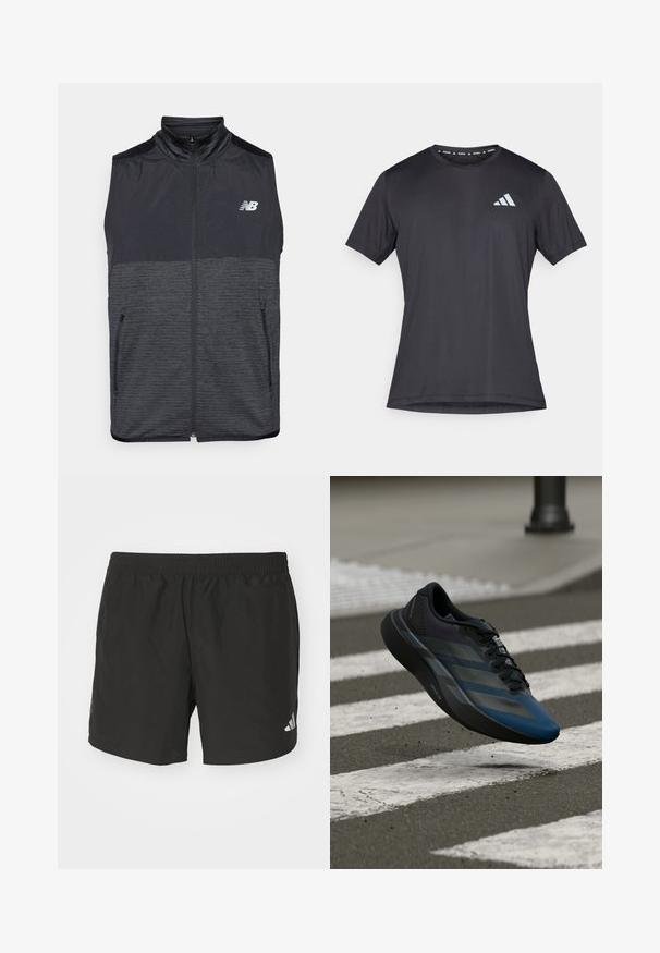 Čierna a tmavošedá bezrukávová vesta na zips so stojačikom, dvoma vreckami na zips a bielym logom New Balance na ľavej hrudi.; Čierne atletické tričko s krátkym rukávom a okrúhlym výstrihom, vyrobené z ľahkej tkaniny. Na prednej strane je reflexné logo Adidas.; Čierne atletické šortky s elastickým pásom, bočnými rozparkami a reflexnými logovými akcentmi. Vyrobené z ľahkej, hladkej tkaniny.; Čierna a modrá atletická obuv s aerodynamickým dizajnom, vybavená štruktúrovaným zvrškom, kontrastnými pruhmi a pohodlnou podrážkou, ktorá sa vznáša nad asfaltom.