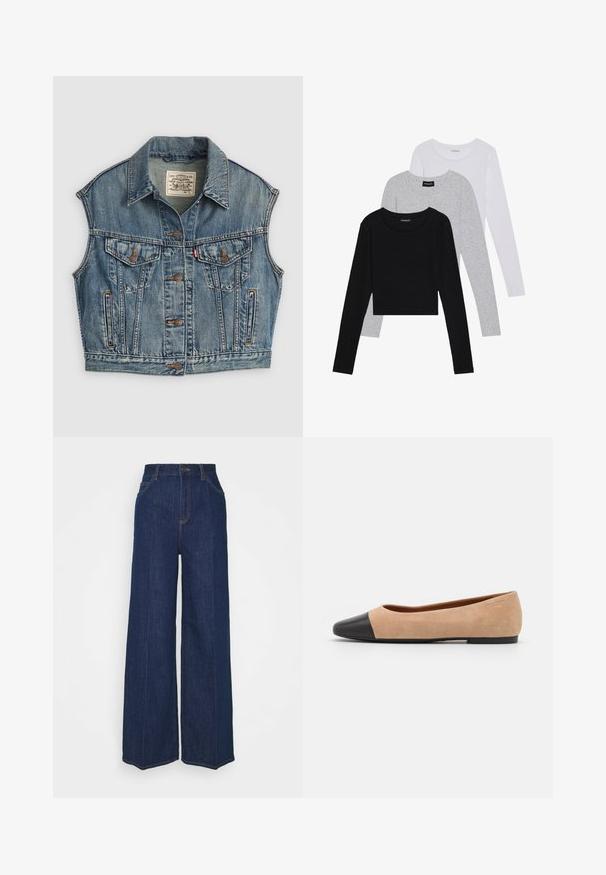Denimweste in Hellblau mit Kragen, frontaler Knopfverschluss, zwei Brusttaschen mit Knopfklappen undSeitentaschen. Sichtbare, abgenutzte Textur.; Drei langärmelige Oberteile gestapelt: schwarz, grau und weiß. Jedes hat einen runden Halsausschnitt und ein kurzes Design aus glattem, leichtem Stoff.; Hochtaillierte, weit geschnittene, dunkelblaue Jeans aus Denim mit Front- und Gesäßtaschen, Knopfverschluss und sichtbaren Nähdetails.; Beige Wildleder Ballerina mit einer runden Zehenkappe aus schwarzem Leder, niedrigem Absatz und glatter Textur, mit minimaler Nahtverarbeitung und klarem Design.