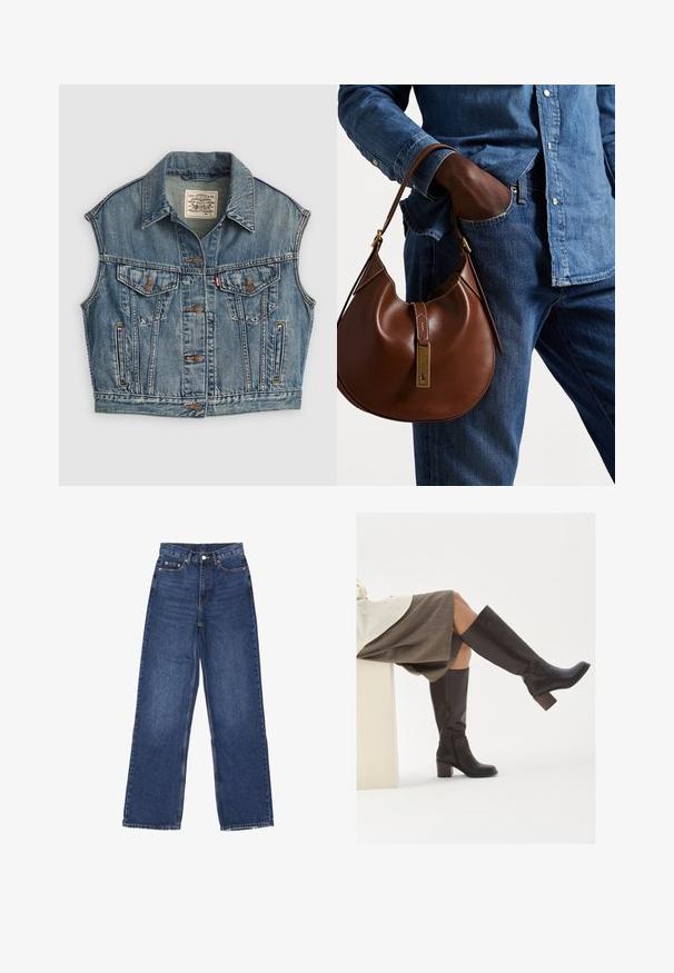 Gilet in denim azzurro chiaro con colletto, chiusura frontale con bottoni, due tasche sul petto con patta a bottone e tasche laterali. Texture consumata visibile.; Due top senza maniche a coste, uno marrone e uno nero, esposti su uno sfondo bianco semplice.; Jeans in denim blu a gamba larga con vita alta, dotati di chiusura a bottone, cinque tasche e leggere sfumature sul tessuto.; Stivali marroni in pelle alti fino al ginocchio, con punta quadrata, tacco spesso e zip laterale. Texture liscia con finitura lucida.; Borsa hobo in pelle marrone con una forma arrotondata, dotata di dettagli in hardware dorato e cuciture a contrasto. Abbinata a una camicia di jeans e a un paio di jeans.