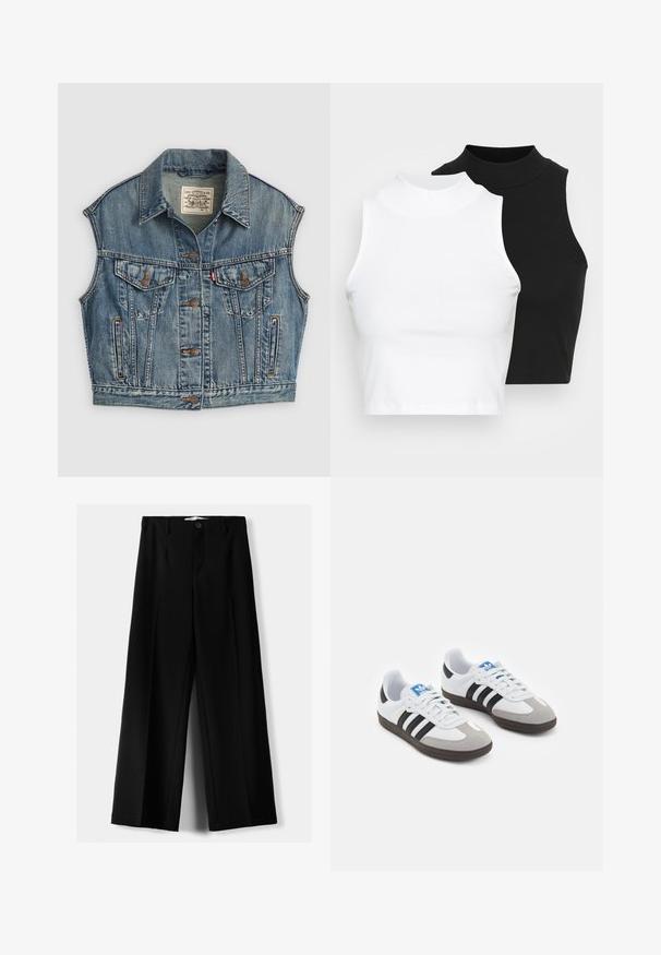 Denimweste in Hellblau mit Kragen, frontaler Knopfverschluss, zwei Brusttaschen mit Knopfklappen undSeitentaschen. Sichtbare, abgenutzte Textur.; Zwei ärmellose, gerippte Rollkragenoberteile in Schwarz und Weiß, mit einer figurbetonten Passform und glatter Textur sowie einer cropped Länge.; Schwarze weite Hosen aus leichtem Stoff, mit einem Knopfverschluss vorne und flachem Bund, mit sorgfältig genähten Säumen.; Sportschuhe mit einem Obermaterial aus weißem Leder, grauer Wildleder-Zehenkappe und drei schwarzen Streifen. Sie verfügen über ein blaues Logo auf der Zunge und eine strukturierte Gummisohle.