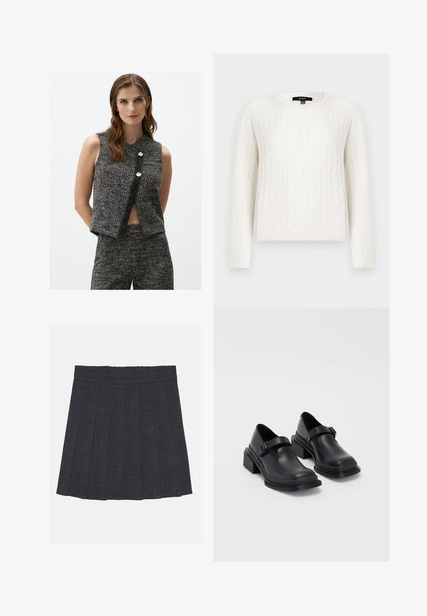 Ärmelloses schwarz-weißes Cropped-Top mit geripptem Muster, das einen V-Ausschnitt aufweist und zwei dekorative silberne Knöpfe auf der Vorderseite hat.; Weißer Strickpullover mit Kabelmuster, langen Ärmeln, rundem Halsausschnitt und einem dekorativen Perlenakzent am Kragen. Weicher Stoff und taillierte Passform.; Dunkelgrauer, plissierter Rock mit elastischem Bund, aus einem strukturierten Stoff und in klassischer A-Linie. Geeignet für die Freizeit.; Schwarze Lederhalbschuhe mit runder Zehenpartie, flacher Sohle und einem Riemen mit Schnallen-Detail. Robuster Blockabsatz für zusätzliche Stabilität.