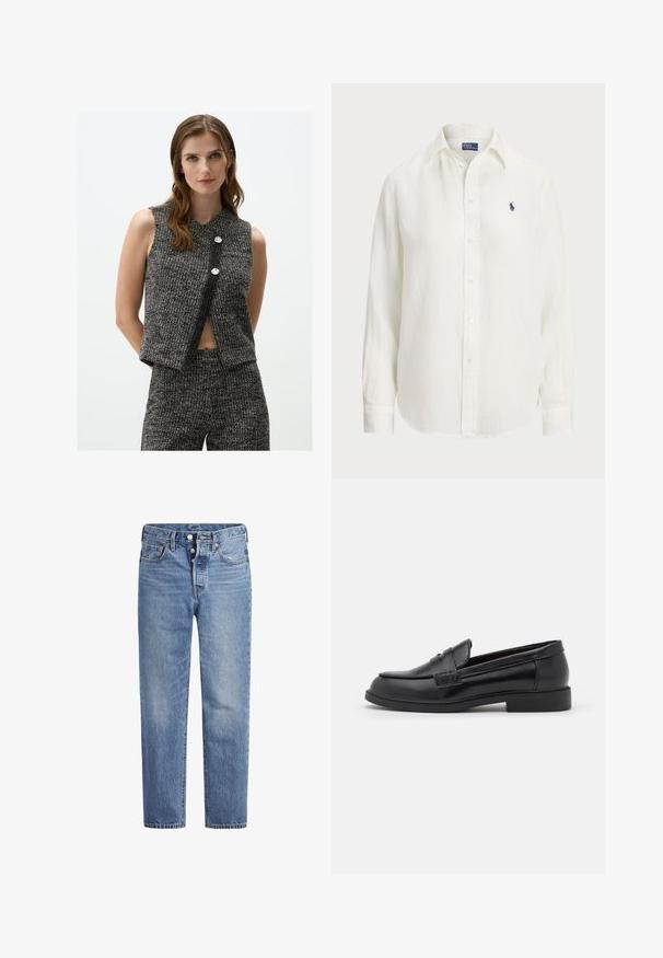 Top bez rękawów w czarno-białe paski o prążkowanej fakturze, z dekoltem w kształcie litery V i dwoma dekoracyjnymi srebrnymi guzikami z przodu.; Biała lniana koszula z długimi rękawami, z kołnierzykiem zapinanym na guziki oraz guzikami z przodu. Posiada małe niebieskie wyszywane logo na piersi.; Jasnoniebieskie jeansy denimowe o prostym kroju, z pięcioma kieszeniami i zapięciem na guziki. Charakteryzują się delikatnym wyblaknięciem oraz pomarańczowymi przeszyciami.; Czarne skórzane loafersy o gładkiej fakturze, zaokrąglonym nosku, wykończone przeszyciami na cholewce oraz niskiej, płaskiej gumowej podeszwie.