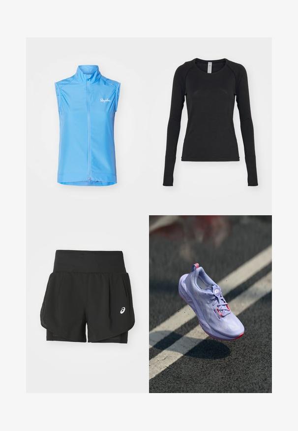 Gilet da ciclismo senza maniche azzurro chiaro con colletto alto, chiusura frontale con zip e logo sottile sul lato sinistro. Tessuto morbido e leggero.; Camicia a maniche lunghe nera, realizzata in tessuto morbido. Presenta un collo rotondo e maniche raglan con aperture per il pollice nei polsini. Design minimalista.; Shorts sportivi neri con sovrapposizione in rete traspirante, pantaloni interni con texture liscia e un logo bianco sul lato sinistro.; Scarpa da corsa di colore viola chiaro con una tomaia texturizzata, dettagli rosa, un meccanismo di allacciatura rotondo e una suola maculata, elevata sopra uno sfondo di pavimentazione.