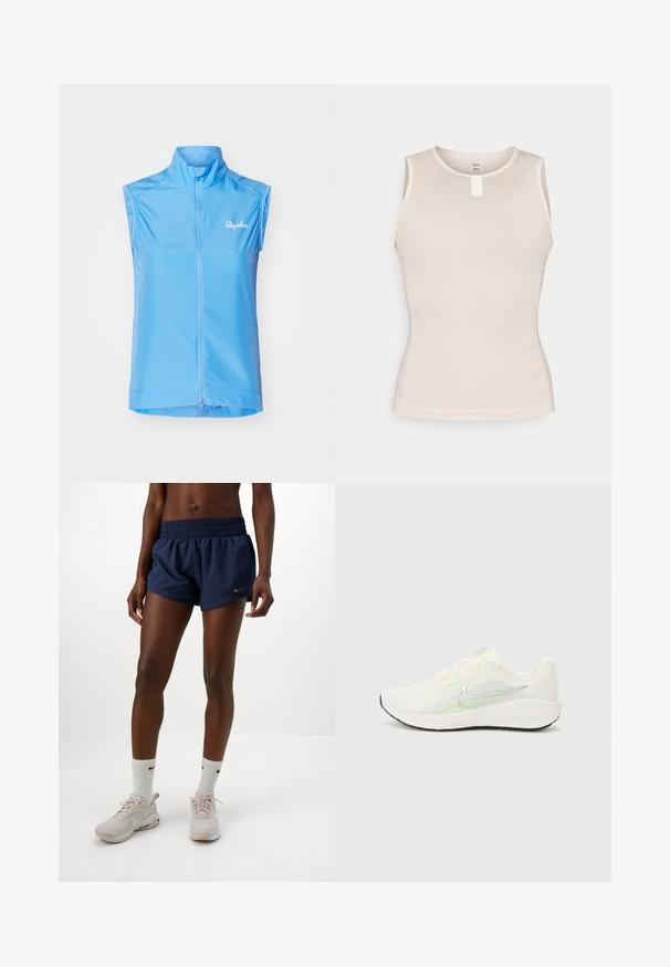 Gaiši zils bez piedurknēm velo veste ar augstu apkakli, priekšējo rāvējslēdzēju un diskrētu logo kreisajā pusē. Gluda, viegla auduma.; Bez piedurknēm, gaismas bežā krāsā, ar strukturētu acs dizainu, apaļu kakla izgriezumu un mazu baltu etiķeti aiz muguras.; Sieviete ģērbjas tumši zilās sporta šortos, baltās Nike zeķēs un gaiši rozā Nike kedās, stāvot pret vienkāršu baltu fonu.; Nike Performance DOWNSHIFTER 13 - Apavi skriešanai pa asfaltu - sail/silver-coloured photon dust/summit white/barely volt/black