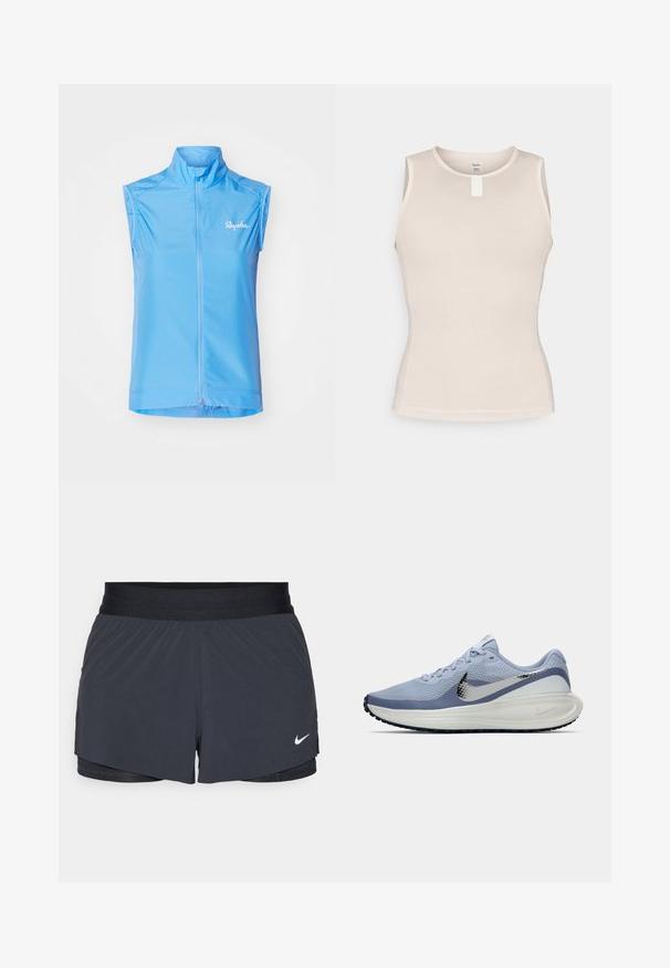 Světle modrá cyklistická vesta bez rukávů s vysokým límcem, předním zapínáním na zip a nenápadným logem na levé straně. Hladký, lehký materiál.; Bezrukávý top ve světlé béžové barvě, s texturovaným síťovaným designem, kulatým výstřihem a malou bílou etiketou na zadní straně.; Černé sportovní kraťasy s elastickým pasem, které mají vrstvený design a malé bílé logo Nike na dolním levém rohu. Lehce materiál.; Světle modrá a bílá běžecká bota Nike se stříbrným logem swoosh, prodyšným síťovaným svrškem, polstrovanou podešví a černým vzorem na podrážce.