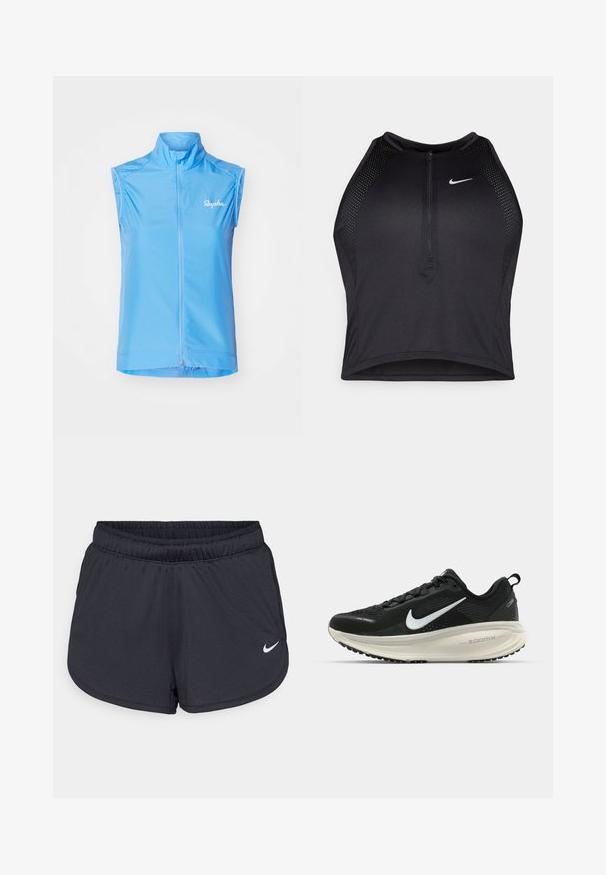 Lichtblauwe mouwloze fietsvest met hoge kraag, rits aan de voorkant en subtiel logo aan de linkerkant. Glad, lichtgewicht materiaal.; Zwarte atletische crop top met een rits aan de voorkant, mesh accenten en een aansluitend ontwerp. Gemaakt van rekbare, ademende stof. Nike-logo aan de voorkant.; Zwarte sportieve shorts van lichtgewicht, ademend materiaal. Voorzien van een elastische tailleband en een wit Nike-logo aan de rechteronderzijde.; Zwarte Nike hardloopschoen met ademend mesh bovenwerk, witte swoosh-logo, gestructureerde details en een crèmekleurige ZoomX middenzool.