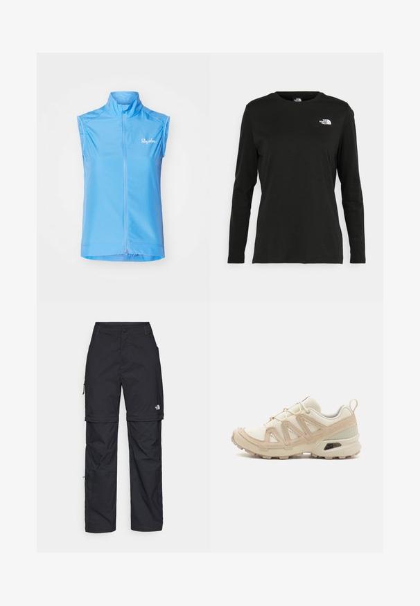 Heledsinine ilma varrukateta jalgrattavest, millel on kõrge krae, esine lukuga sulgemine ja diskreetne logo vasakul küljel. Sile ja kerge kangas.; Must mustahiheline T-särk, millel on pikad varrukad, valmistatud puuvillast ja ümarast kaelusest. Vasakul rinnal on väike valge logo. Lihtne disain ja sobivus.; Mustad nailonist valmistatud eemaldatavad cargo-püksid, reguleeritavate pahkluudega, mitmete taskutega ja paremal jalal logoga. Sile, kerge tekstuur.; Beež ja koobalti spordijalats tekstureeritud võrkkattega, toetavad ülemised kihid ja kummist tallaga, millel on mustriga joonistus haardeks.