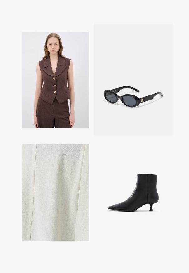 Brązowa, bezrękawnik z wyciętym kołnierzem, pięcioma złotymi guzikami i kieszeniami bocznymi. Teksturowana tkanina z dopasowanym krojem.; Jasno beżowy sweter wykonany z miękkiego materiału, z okrągłym dekoltem, długimi rękawami oraz prążkowanymi mankietami i dolnym brzegiem, które dodają tekstury.; Jasno beżowa tkanina lniana z teksturowanym wzorem, wyposażona w detal szwu oraz kieszeń boczną. Gładkie wykończenie z subtelnym splotem.; ALDO EMMALIE czarny; Czarne owalne okulary przeciwsłoneczne z ciemnymi soczewkami, błyszcząca plastikowa oprawka, szerokie zauszniki i mały złoty akcent z jednej strony.; DRAGON DIFFUSION ROSANNA ciemnobrązowy; Złote kolczyki w kształcie węzła z spiralnym wzorem, o gładkiej, błyszczącej teksturze i zaokrąglonym kształcie.