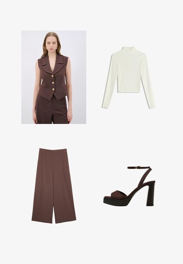 Brun, ærmeløs vest med en notch-krave, fem guldknapper og sidelommer. Struktureret stof med en skræddersyet pasform.; Hvid ribbede turtleneck sweater med lange ærmer og en cropped længde. Stoffet ser blødt ud med et struktureret mønster.; Brune bredbunde bukser med en glat tekstur, der har høj talje og plisseringer foran. Stoffet er let og falder løst.; Brune ruskinds højhælede sandal med åben tå, justerbar ankelrem og en stribet plade sål.