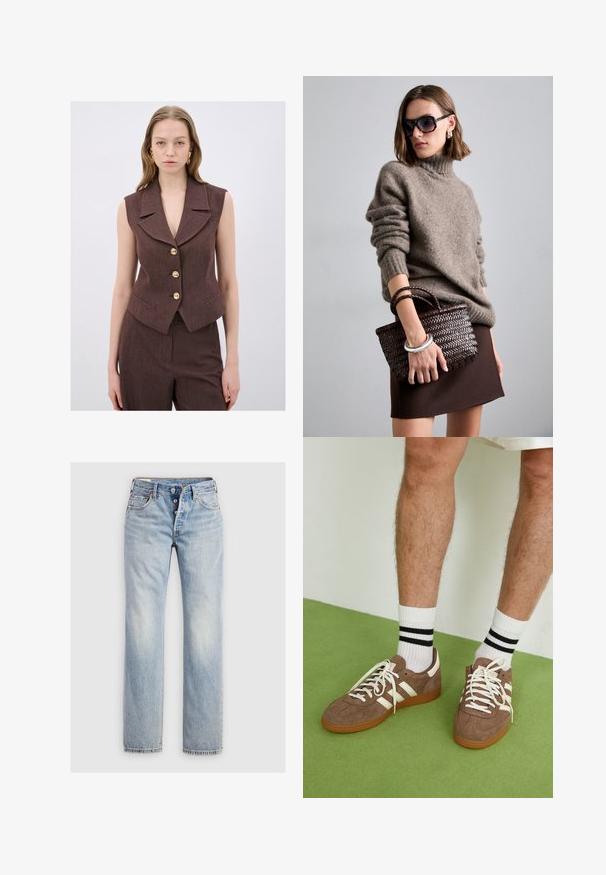 Brun, ærmeløs vest med en notch-krave, fem guldknapper og sidelommer. Struktureret stof med en skræddersyet pasform.; Hvid bomuld t-shirt med korte ærmer, rund hals og en glat tekstur. Bagsiden er ensfarvet uden ekstra mønstre eller designs.; Lysblå denim jeans med lige ben, fem-knap lukning og baglommer med diskret stikning.; Brune ruskind sneakers med hvide detaljer og snørebånd. Gummisål i naturgummi. Båret med hvide sokker med sorte striber. Grøn struktureret gulv.; DRAGON DIFFUSION MINI FLAT GORA - Håndtasker - dark brown