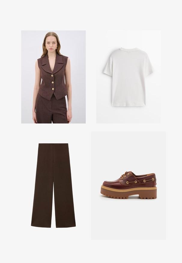 Brun, ærmeløs vest med en notch-krave, fem guldknapper og sidelommer. Struktureret stof med en skræddersyet pasform.; Hvid bomuld t-shirt med korte ærmer, rund hals og en glat tekstur. Bagsiden er ensfarvet uden ekstra mønstre eller designs.; Bredde bukser lavet af et glat, mørkebrunt stof. Har en høj talje og et minimalistisk design uden udsmykninger.; Brune læder bådsko med en kraftig brun gummisål, gyldne snørehuller og kontraststing. Har et logo på siden.