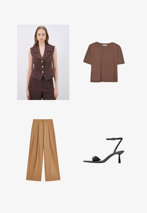 Brauner, ärmelloser Weste mit Spitzkragen, fünf goldenen Knöpfen und Seitentaschen. Strukturierter Stoff mit taillierter Passform.; Braunes, kurzärmliges T-Shirt aus weichem Material mit rundem Halsausschnitt und lockerer Passform. Keine sichtbaren Muster oder Akzente.; Weite Hosen in einem hellen Beige, aus glattem Stoff, mit zwei Vordertaschen und einem zentralen Knopfverschluss.; Bershka High Heel Sandalette - black