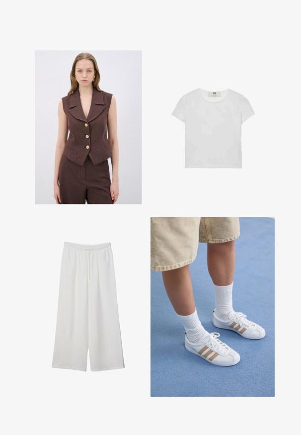 Gilet marrone senza maniche con colletto a punta, cinque bottoni dorati e tasche laterali. Tessuto testurizzato con una vestibilità su misura.; T-shirt bianco a maniche corte e girocollo, realizzato in cotone morbido, con un design semplice e pulito, privo di motivi o dettagli visibili.; Pantaloni bianchi a gamba larga realizzati in tessuto leggero, dotati di una vita elastica e di un cordino per una vestibilità regolabile. Texture liscia.; Sneaker bianche con tre strisce dorate, design con lacci, suola in gomma, indossate con calze bianche a coste e pantaloni beige su una superficie blu.
