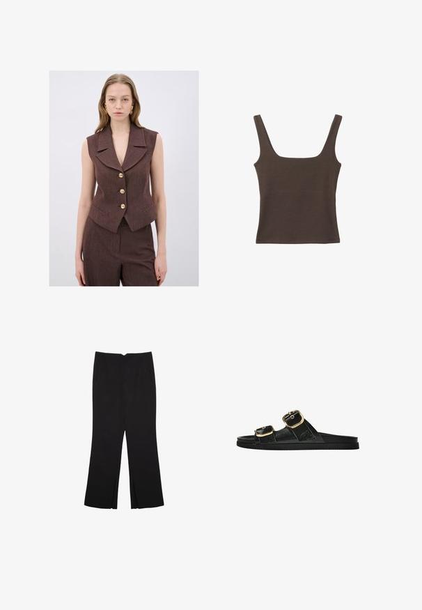 Brun, ærmeløs vest med en notch-krave, fem guldknapper og sidelommer. Struktureret stof med en skræddersyet pasform.; Brun ærmeløs top med firkantet udskæring, lavet af blød, strækbar stof. Har et tætsiddende design og flade sømme.; Sorte bukser med lige pasform, der har frontlommer og slidser i kanten. Lavet af blødt, glat stof. Velegnet til forskellige anledninger.; Sort skridsandal med to guldspænder, glat tekstureret materiale, flad sål og et minimalistisk design.