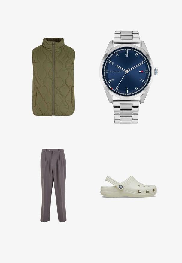 Gepolsterte Weste in Olivgrün mit hohem Kragen, Frontreißverschluss und zwei Seitentaschen. Glatte Textur mit gewelltem Musternähte.; Braunes Poloshirt aus glattem Stoff, mit einem Reißverschlusskragen, kurzen Ärmeln und einer taillierten Passform. Keine Muster oder Verzierungen sichtbar.; Graue, plissierte Hose aus glattem Stoff mit geradem Bein, einem einzigen Knopfverschluss und schrägen Seitentaschen.; Cremfarbener Gummischuh mit Rückenriegel, Belüftungsöffnungen, texturiertem Obermaterial und erhöhten Kanten. Verfügt über ein rundes Logo-Element an der Seite.; Silberne Metall-Uhr mit einem gebürsteten blauen Zifferblatt, weißen Stundenmarkierungen und einem Datumsanzeiger. Verfügt über ein verlinktes Metallarmband und ein Markenlogo.