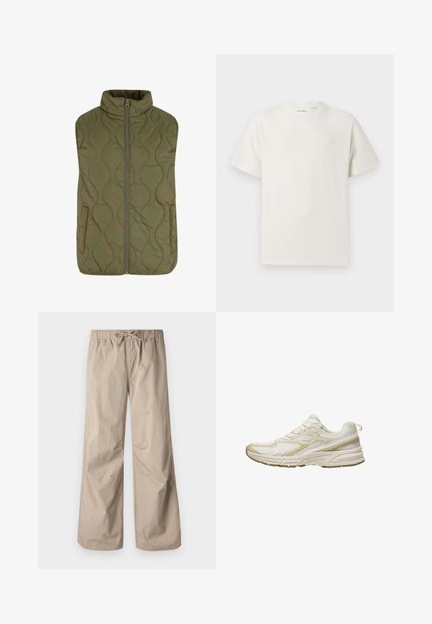 Gilet imbottito di colore verde oliva, con colletto alto, zip frontale e due tasche laterali. Texture liscia con cuciture a motivo ondulato.; T-shirt bianca a maniche corte in texture a coste. Girocollo, vestibilità rilassata, senza modelli o accenti visibili. Design semplice e versatile.; Pantaloni beige a gamba larga con vita elastica e cordino. Tessuto liscio, due tasche laterali e cuciture minime per una vestibilità rilassata.; Scarpe sportive bianche realizzate in mesh e materiale sintetico, con punta rotonda, suola ammortizzata e accenti beige sui lati.