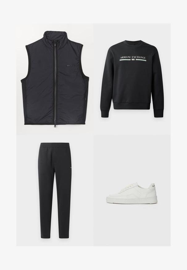 Črn izoliran jopič z visokim ovratnikom, sprednjim zadrgo in kontrastnimi stranskimi paneli. Gladka tekstura in minimalno blagovno oznako na prsih.; Črna trenirka iz mehkega materiala. Ima okroglo izrezano vratno odprtino in dolge rokave. Na sprednji strani je prikazano "ARMANI EXCHANGE" in "1991" v kontrastnih barvah.; Črne trenirka hlače iz mehkega blaga, z elastičnim pasom, ravnimi nogami in z enim majhnim logotipom na strani.; Bela usnjena športna obutev z gladko površino, okroglo prst, ravne vezalke in teksturiran podplat. Ima diskretno logo na peti.