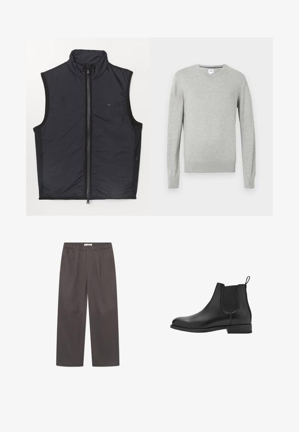 Schwarze isolierte Weste mit hohem Kragen, Frontreißverschluss und kontrastierenden Seitenpaneelen. Glatte Textur und minimalistische Logo-Anbringung auf der Brust.; Hellgrauer Pullover, V-Ausschnitt, lange Ärmel, gerippte Bündchen und Saum, weicher Stoff. Markenlabel an der Halsöffnung.; Weißes Baumwoll-T-Shirt mit kurzen Ärmeln, Rundhalsausschnitt und glatter Textur. Keine Muster oder Akzente sind sichtbar.; Graue, weite Hosen aus glattem Stoff, mit einem Knopfverschluss und zwei seitlichen Taschen. Einfaches, klares Design ohne sichtbare Muster.; Schwarze Leder Chelsea-Stiefel mit elastischen Seitenpaneelen, runder Spitze und niedrigem Blockabsatz. Glatte Textur und sauberes, minimalistisches Design.