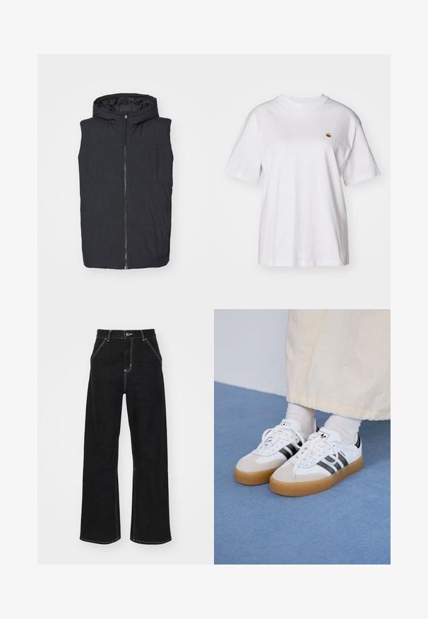 Black padded vest with a hood, featuring a central zipper and horizontal quilted design. Smooth texture with a logo tag at the hem.; White cotton t-shirt with a relaxed fit, short sleeves, and a small embroidered logo on the left chest area.; Black wide-leg jeans made of denim, featuring contrasting white stitching and a front button closure, with two angled front pockets.; White sneakers with black stripes and beige suede accents. Feature a textured gum sole and flat white laces, worn with light-colored socks.