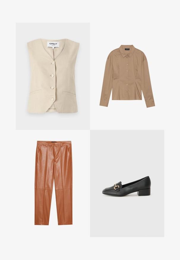 Bežs veste ar V veida kakla izgriezumu, piecām pogām un sānu kabatām. Izgatavota no teksturēta auduma, ar elegantu piegriezumu.; Brūna garām piedurknēm krekls ar apkakli, pogu slēgšanu un plisēšanas detaļām. Izgatavots no gludas auduma ar pieguļošu dizainu.; Brūnas mākslīgās ādas bikses ar pielāgotu piegriezumu, kurām ir priekšējās krokas un taisnas kājas. Gluda tekstūra bez redzamiem detaļām vai akcentiem.; Melnas ādas loafers ar plakanu papēdi, kurām priekšā ir dekoratīvs zelta aparatūras elements un gluda tekstūra.
