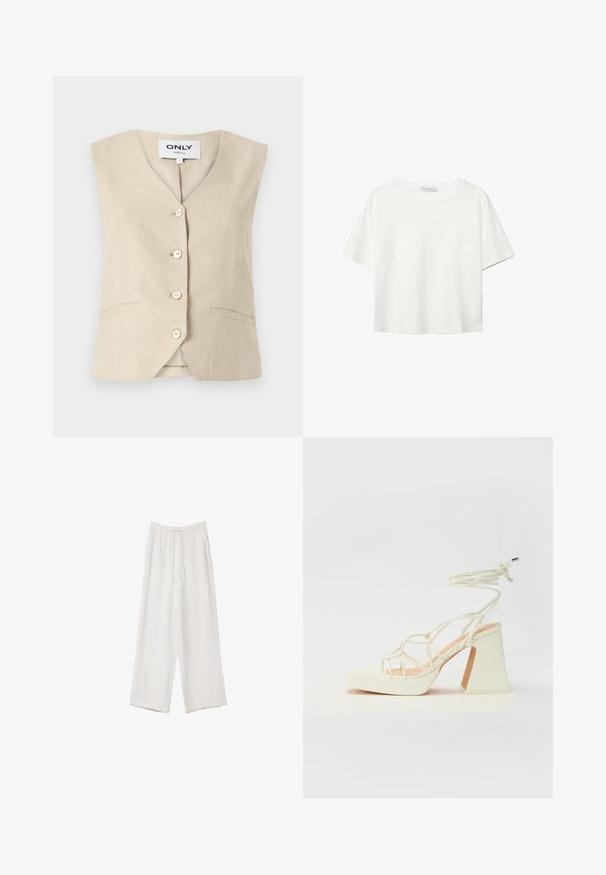 Beige väst med V-hals, fem knappar och sidofickor. Tillverkad av textil med struktur, med en skräddarsydd design.; Vit t-shirt med kort ärm i bomull. Har en rundad halsringning och en avslappnad passform. Slät textur utan synliga mönster eller detaljer.; Vita vida byxor i vid passform gjorda av ett lättviktsmaterial. Har en elastisk midja med dragsko och sidofickor. Slät textur.; Vit högklackad sandal med en kraftig klack, med ett remdesign och ankelband. Slät textur med en plattform framtill för ökad höjd.
