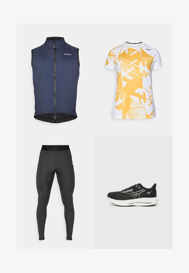 Mornarska biciklistička prsluk s visokim ovratnikom, punim prednjim patentnim zatvaračem i mrežastim detaljima na rubu. Ima GripGrab logo na gornjoj lijevoj strani.; Majica kratkih rukava od bijelog materijala s žutim apstraktnim uzorkom, s okruglim ovratnikom i ventilacijskim rupama.; Kompresijske tajice izrađene od rastezljivog crnog materijala s prianjajućim dizajnom. Imaju širok pojas i kontrastne šavove.; Crne trkačke tenisice s teksturiranim mrežastim gornjištem, bijelim međuslojem i svijetlosivim naglasima; imaju vezanje i okrugli nos.