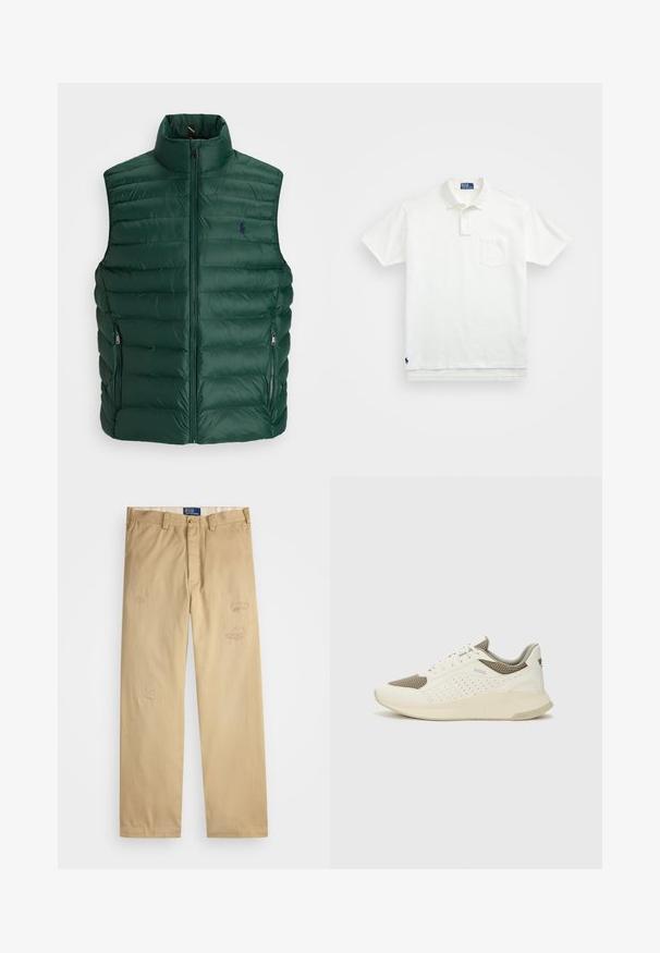 Chaleco acolchado verde oscuro con cuello alto, cierre frontal y dos bolsillos laterales. Presenta un patrón acolchado y un pequeño logo en el pecho.; Camisa polo blanca de algodón, con un collar clásico, una tapeta de tres botones y un bolsillo en el pecho izquierdo; pequeño logo en el dobladillo.; Pantalones de algodón beige con corte recto. Presentan parches desgastados y detalles de bordado en la parte delantera. Cierre clásico con botón y cremallera.; Zapatilla deportiva en blanco y beige claro, con parte superior de malla, detalles perforados y una mediasuela texturizada con la marca en el talón.